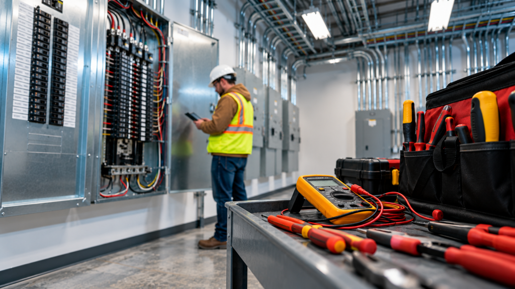 Electrical tools staged for a tech office build-out