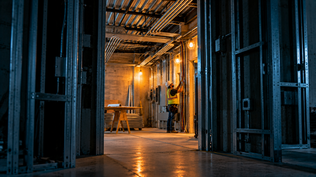 Electrical work in a warm-lit industrial build