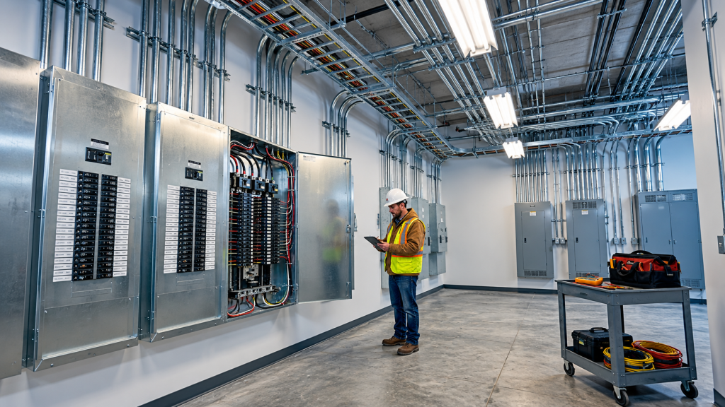 Technician inspecting switchgear designed and built by one team