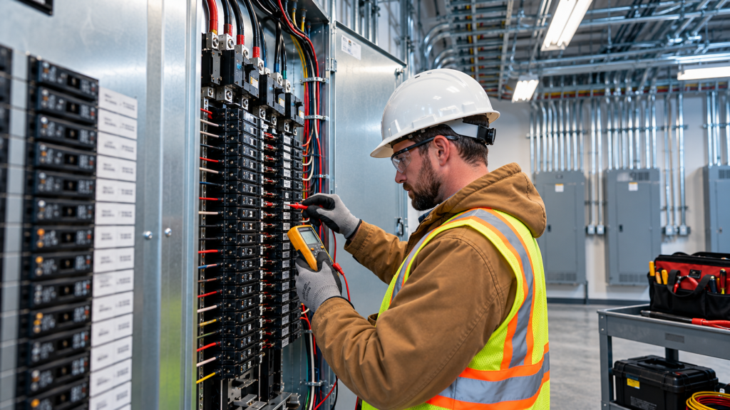 Electrician testing a panel during troubleshooting