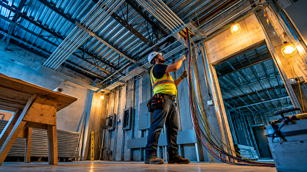 Electrician working under an open commercial ceiling