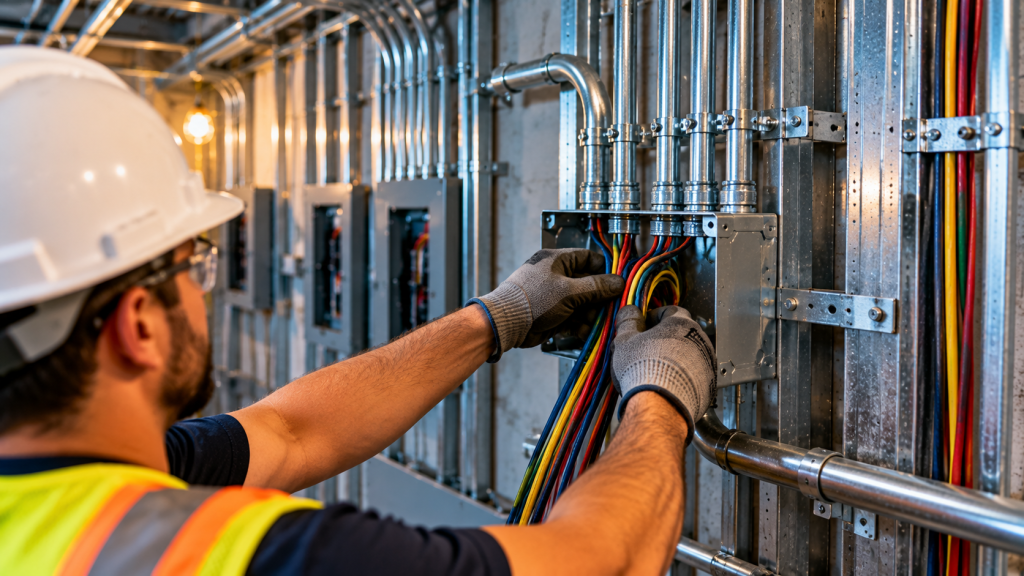 Electrician wiring a junction box during rough-in