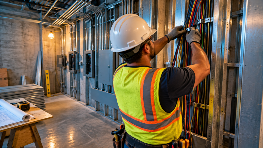 Electrician wiring a steel stud wall