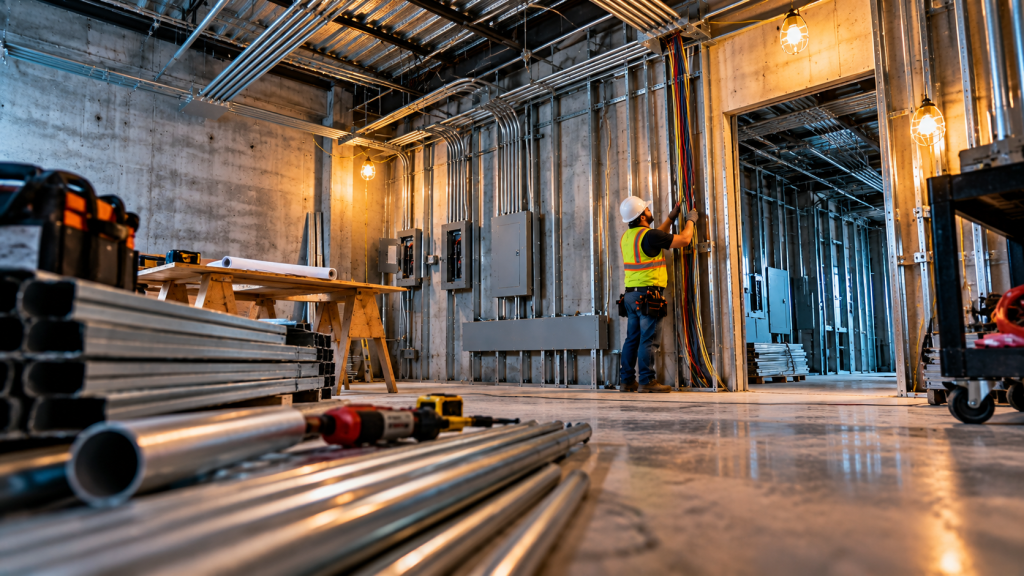 Electrician wiring a commercial interior