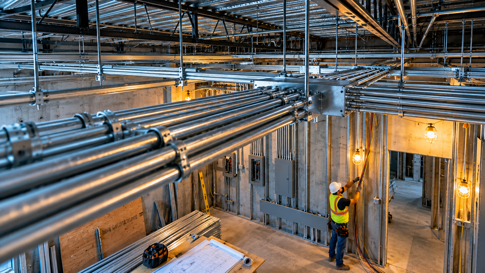 Conduit network routed through a commercial building under construction