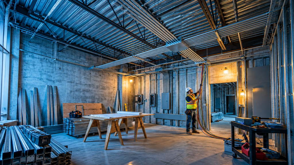 Rough-in wiring inside a commercial tenant space